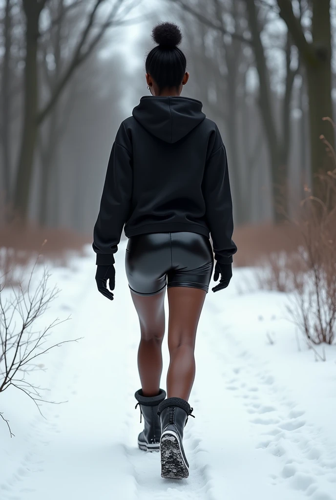 Black woman wearing leather short shorts and black hoodie hair in a bun walking in the snow in the woods wearing leather boots backside view