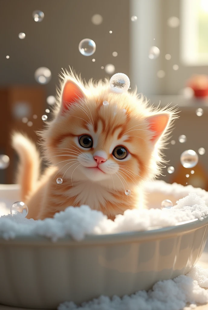 The kitten getting a gentle wash in a sink, bubbles floating around as the kitten's fur is being pampered.