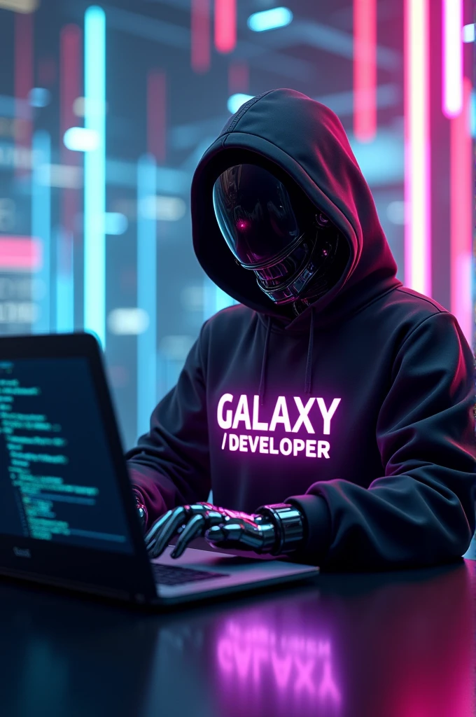 GIVE A FUTURISTIC BACKGROUND ON WHICH A ROBOT HUMANOID SITTING DOING CODING ON A
Open LAPTOP , wearing a BLACK HOODIE WHICH HAVE A TEXT APPEAR IN NEON COLOR TEXT IS
"G Y L A X /n DEVELOPER " IN CLEAR WORDS VISIBLE TO US
IT SHOULD BE IN capital letter,, Robot face half covered with hoodie