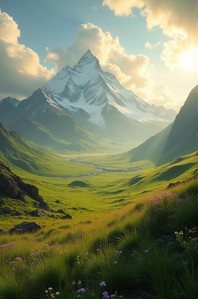 A vast and unique Icelandic landscape featuring expansive green fields, deep valleys, and snow-covered mountains. The sky is adorned with white clouds and golden rays of sunshine.