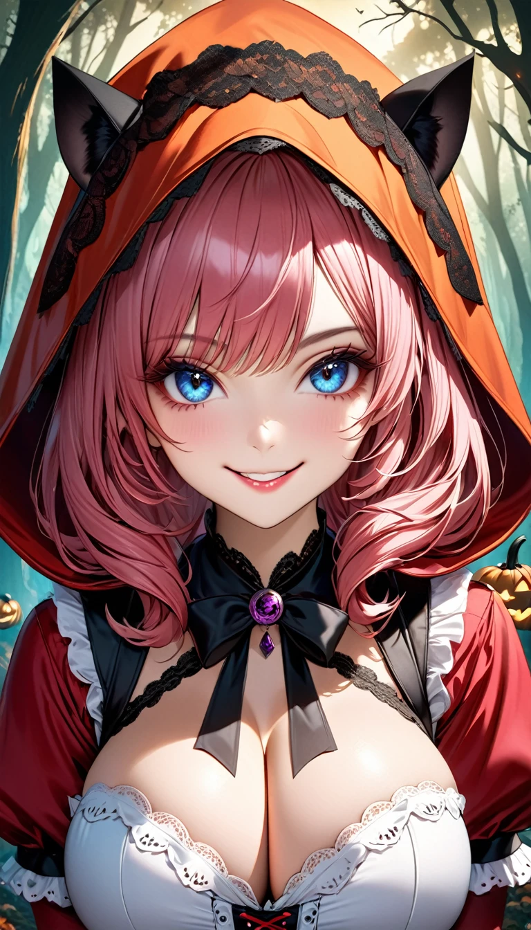 (Halloween theme:1.5), (fantasy:1.5), (Alice in wonderland:1.3), upper body portrait of a very busty beautiful women wearing halloween LITTLE RED RIDING HOOD costume, skin tight full lacy ultra detailed embroidery Dirndl, (fusion of red satin dirndl and gothic ta:1.3), BREAK, ((D1.3, happy evil smile:1.2)), perfect face,perfect eyes,HD details,high details,sharp focus,studio photo,HD makeup,shimmery makeup,celebrity makeup, (bust up image:1.5), (centered image) (HD render)Studio portrait,magic, magical, fantasy,(huge breasts)(large breasts),(big breasts),(sagging breasts), tree, forest, halloween forest, jack-o'lantern, pink hair, halloween background, bright pumpkin, (RedHoodWaifu, (red hood, cap)), (arms down:1.3), (arms behind back:1.3), (hands between legs:1.3), (front view:1.3), wolf, from above,