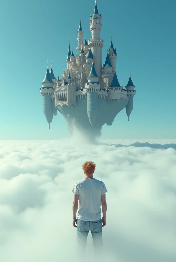 A cinematic medium shot of a man with reddish-blonde hair wearing a t-shirt and jeans. His haircut is in the style of the 80th. He's knee-deep in clouds, and looking at a beautiful, magnificent flying fantasy castle with intricate details. Instead of land, there is an endless surface of clouds everywhere. The castle is floating in the air above the clouds and has small towers flying around it. The background is a clear blue sky. The castle has a heptagonal symmetrical shape, the corner towers are connected to the central part by galleries and passages. The castle is both a defensive structure and a masterpiece of architecture. It has a futuristic look, but at the same time fantasy fairy tale outlines. The high contrast hdr picture.