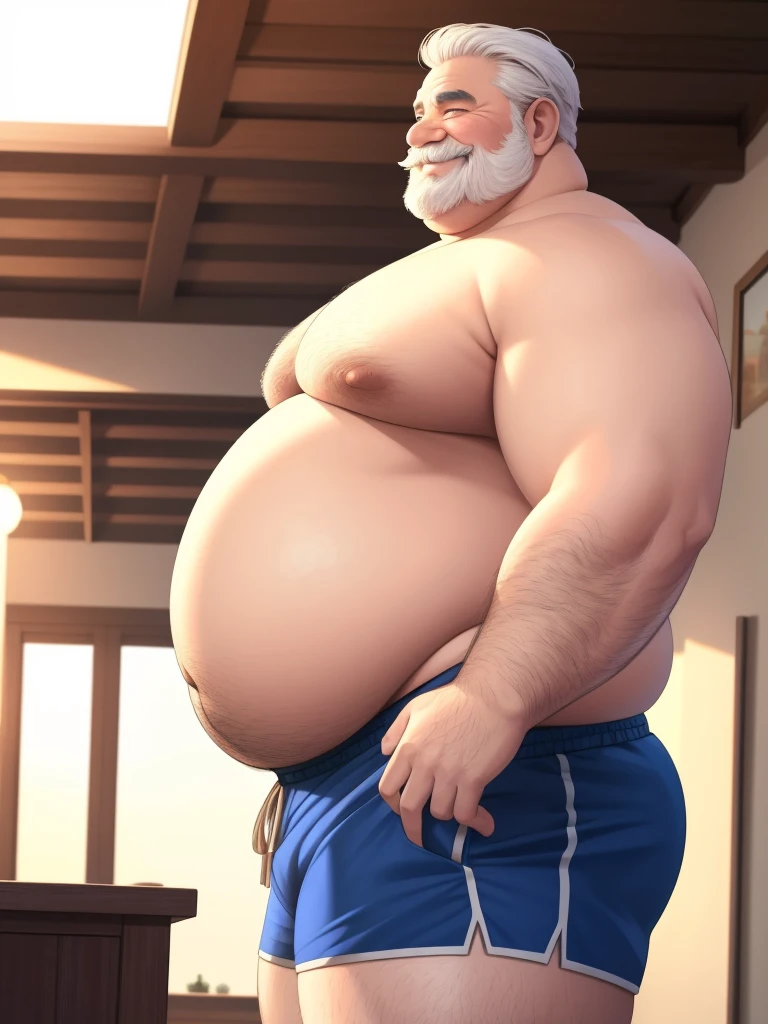 fat daddy, hot daddy, a smiling obese old man, chubby, big fat, detailed realistic portrait, 8k high resolution, topless, sumo physique, side view, perfect center, full view, realistic skin texture, wrinkled face, short hair, thick mustache, white hair, bearded, jovial expression, huge belly, fat, wearing shorts, high detail, masterpiece, (best quality,4k,8k,highres,masterpiece:1.2),ultra-detailed