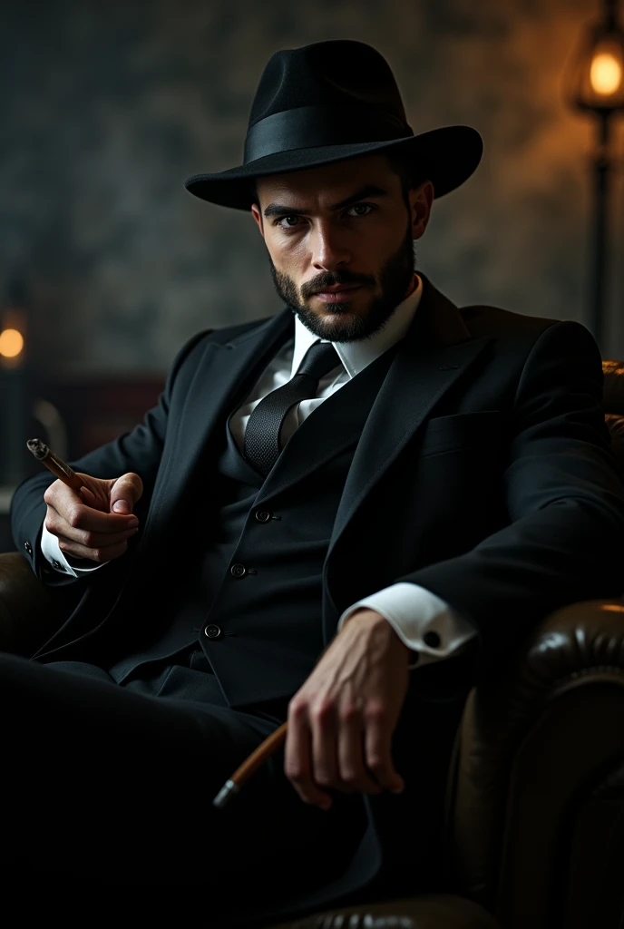 Masterpiece, detailed, 8k, a delicate and graceful full body image of a young handsome mafia, wearing black suit and hat, beard, holding a smoking cigar, sitting on a chair, night vibes, fierce look, big bulge