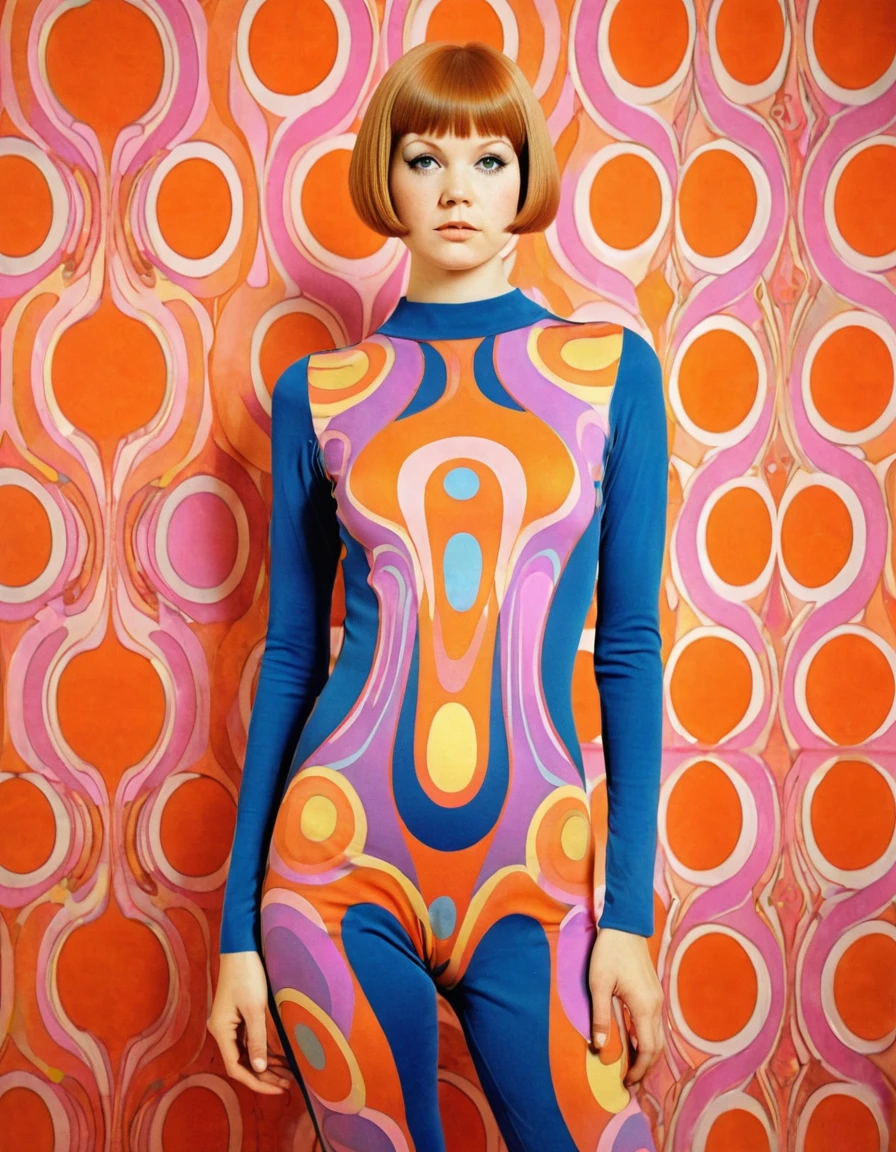 jugendstil 1960's psychedelic epic full body bodysuit shorthair portrait by John Pitre and Marimekko