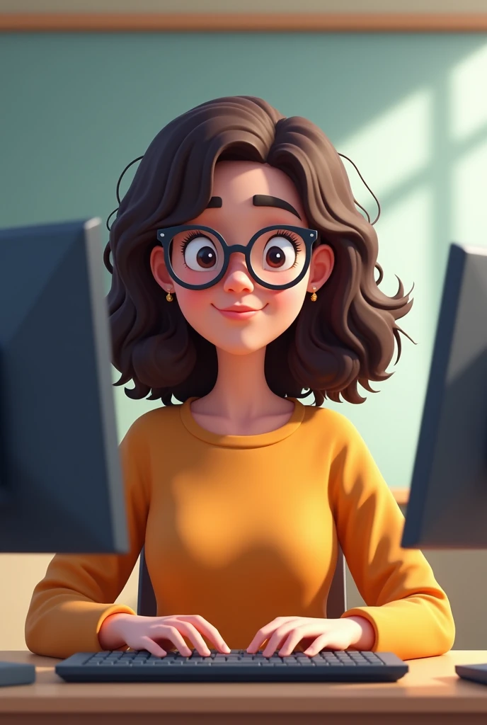 Brunette curly girl with glasses in virtual class animated  not so animated puts a computer



