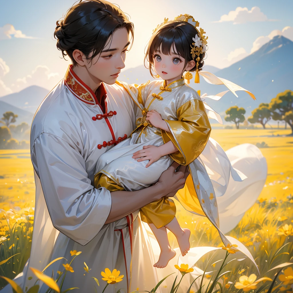 A one-year-old baby boy in an white ancient Chinese baby costume with his beautiful mother, dressed in an ancient Chinese costume, Standing in the midst of a field of bright yellow gold fields , There are some floating clouds, playing with each other, with his handsome father standing next to his mother, close up.