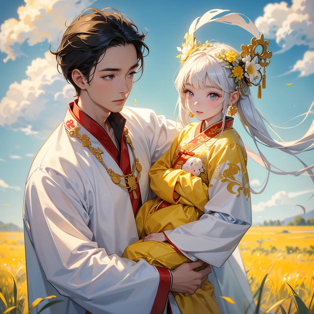 A one-year-old baby boy in an white ancient Chinese baby costume with his beautiful mother, dressed in an ancient Chinese costume, Standing in the midst of a field of bright yellow gold fields , There are some floating clouds, playing with each other, with his handsome father standing next to his mother, close up.