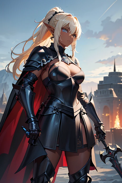 Beautiful images,Detailed Images,Official image,A woman wielding a sword,Blonde,Blue Eyes,Ponytail Hair,Model body type,(Dark Skin:1.3),Elf Ears,Large Breasts,(Decorated Black Knight Heavy Armor,Black Gauntlet,Red Cape:1.3),