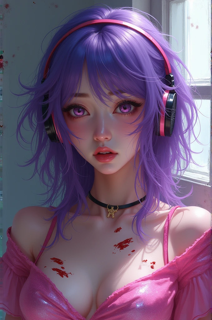 Korean purple hair butterfly woman with headphone and shiny pink outfit crying blood with bruised face