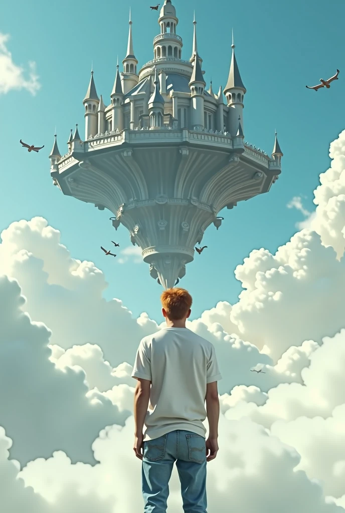 A cinematic medium shot of a man with reddish-blonde hair wearing a t-shirt and jeans. His haircut is in the style of the 80th. He is standing on the fluffy white clouds, knee-deep in clouds, and looking at a beautiful, magnificent flying fantasy castle with intricate details. The castle is floating in the air above the clouds and has small towers flying around it. The background is a clear blue sky. The castle has a heptagonal symmetrical shape, the corner towers are connected to the central part by galleries and passages. The castle is both a defensive structure and a masterpiece of architecture. It has a futuristic look, but at the same time fantasy fairy tale outlines. 