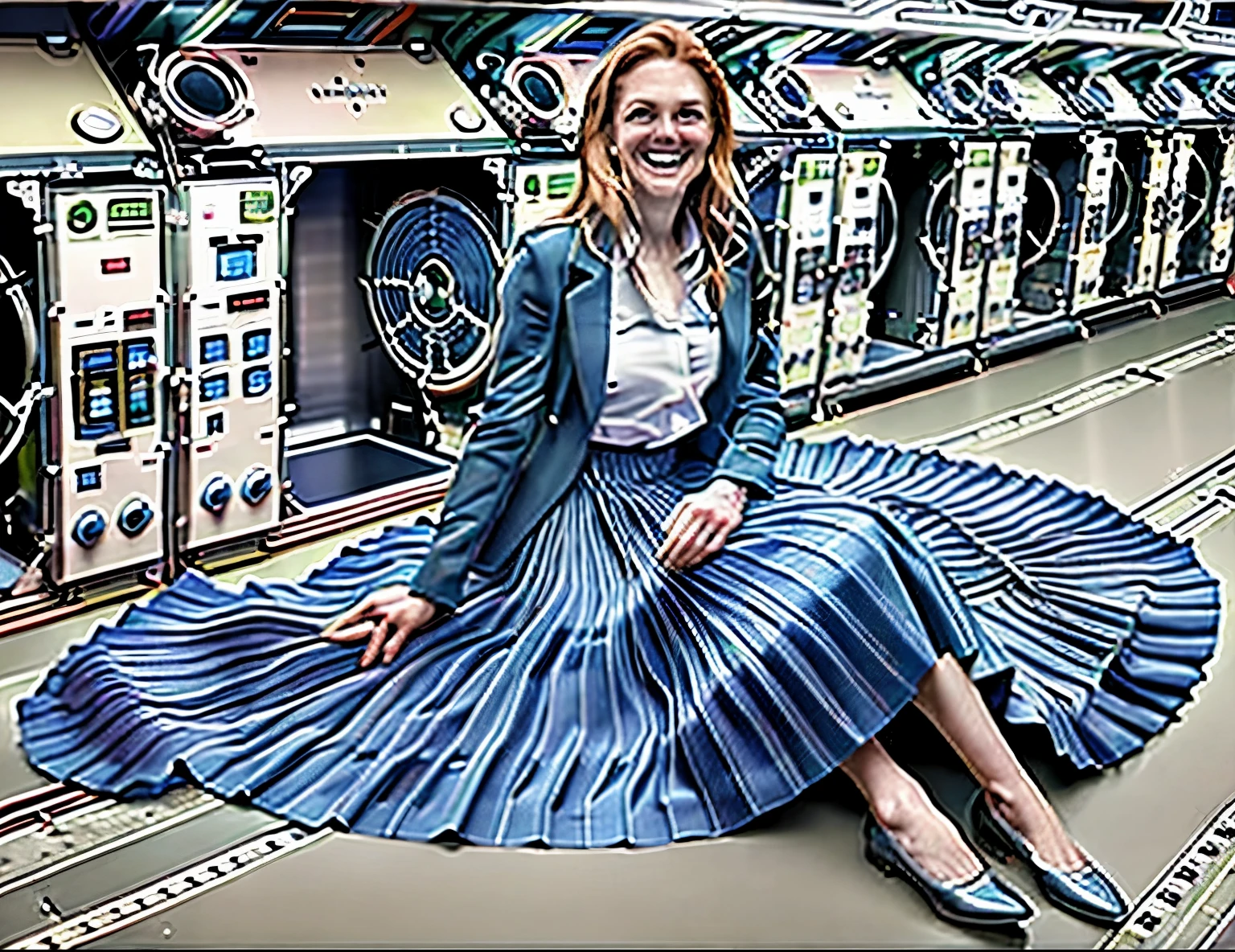 85mm photograph of a Shy, demure, smiling, Compassionate, kind, empathic, long haired, beautiful and attractive woman, Sapphic Space Lesbian Sarah Ferguson is smoothing her skirt, fixing spaceships, exploring space, investigating anomalies, doing scientific R&D, attending council meetings, conducting espionage, conducting archeological excavations, investigating astral rifts, wearing her (long pleated full circle skirt), uniform jacket and (woman's low heel office shoes), (pronounced (feminine) features), (very windy), skirt is flowing wildly in the wind, lesbian space station, sci-fi, skirts in space, loves women wearing skirts, wants to kiss girls, adores skirts, women wearing skirts, empathy, compassion, romance and love, (pronounced (girly) features), (highly detailed ultra accurate realistic) hands and fingers, (windy), epic composition, highly detailed attributes, (35mm f1.4 Kodak portra 400 photograph), extremely high quality RAW photograph, highly detailed atmosphere, sci-fi, cinematic shot, dynamic lighting, 75mm, Technicolor, Panavision, cinemascope, sharp focus, fine details, 8k, HDR, realism, realistic, key visual, film still, superb cinematic color grading, depth of field