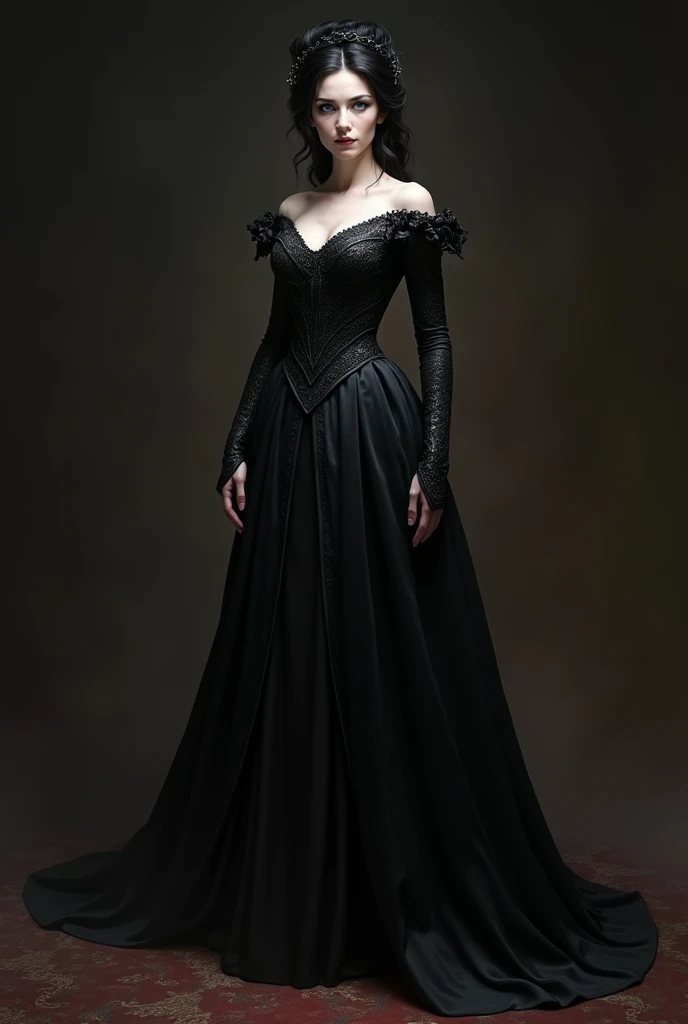 A realistic full-body portrait of Lady Althea Voss, one of Lady Seraphina d’Aurelis' trusted ladies-in-waiting. Althea is depicted in a dark, elegant gown that reflects her sophisticated and cunning nature. She stands with a graceful yet commanding presence, her pale skin contrasting with her jet-black hair styled in an elaborate updo. Her ice-blue eyes are sharp and observant, giving her a calculating and intelligent expression. The background is subtle and dark, emphasizing her role as a manipulator in court intrigues. The art style is realistic, capturing the intricate details of her gown and her poised demeanor.