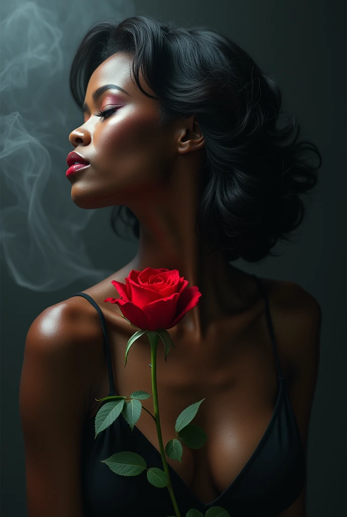 Ebony female, with a captivating allure, sits in pensive poses, surrounded by a smokey background, nice breast, pretty face, cleavage. The draws, meticulously crafted with lit matches, reveal her enchanting figure in the style of feminine portraiture. A single red rose glows beside her, casting a gentle light over her light gray skin. The play of light and shadow illuminates her features, highlighting the delicate textures of her light orange and light black hair. Her deep, soulful eyes gaze into the distance, embodying the essence of this breathtaking artwork.