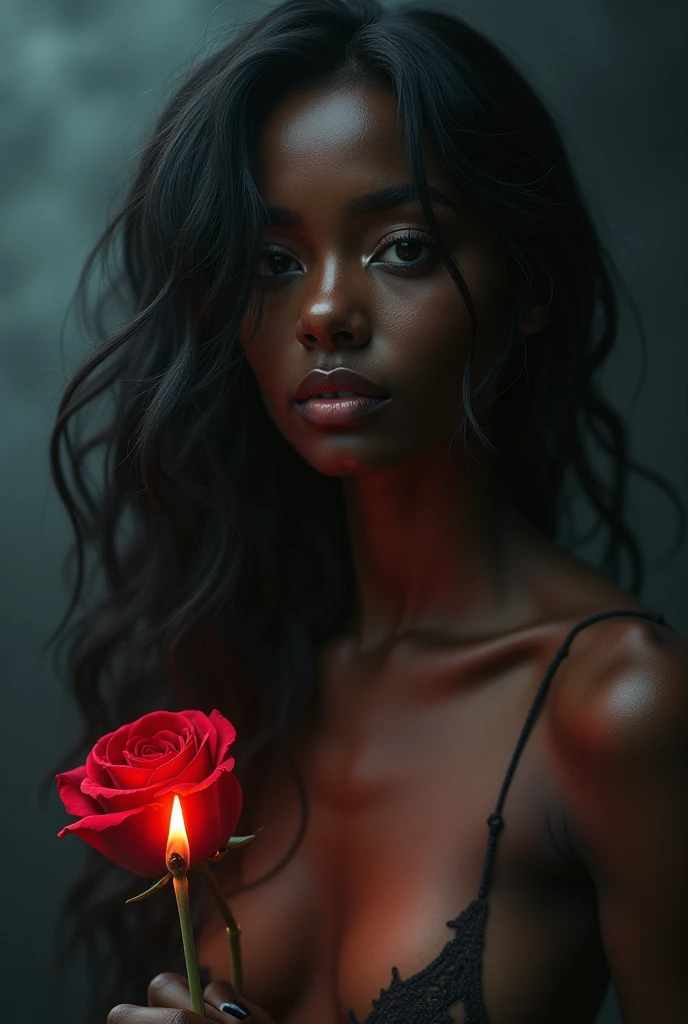 Ebony female, with a captivating allure, sits in pensive poses, surrounded by a smokey background, nice breast, pretty face, cleavage. The draws, meticulously crafted with lit matches, reveal her enchanting figure in the style of feminine portraiture. A single red rose glows beside her, casting a gentle light over her light gray skin. The play of light and shadow illuminates her features, highlighting the delicate textures of her light orange and light black hair. Her deep, soulful eyes gaze into the distance, embodying the essence of this breathtaking artwork.