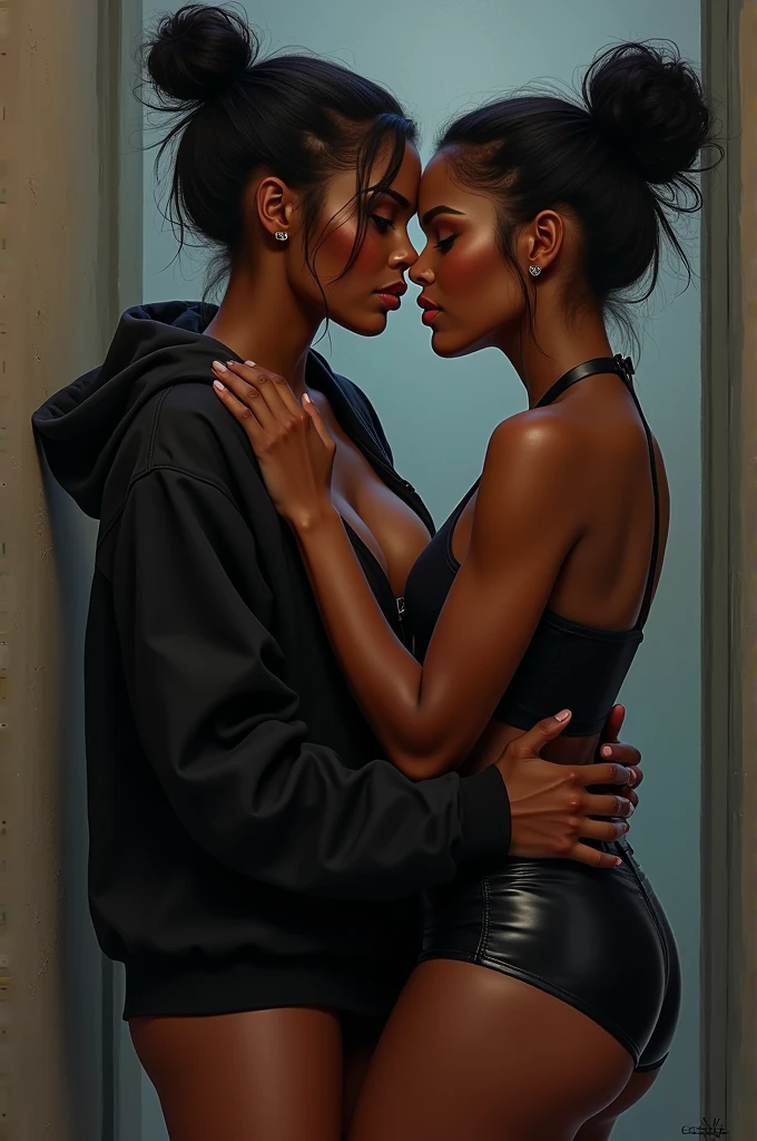 Black woman hair in a bun black hoodie, black leather, short short, short shorts and a older woman standing behind her with her hands and her little leather.Short shorts kissing her on the neck very sexual