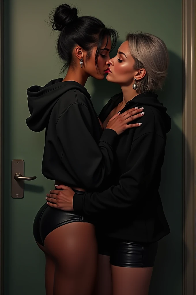 Black woman hair in a bun black hoodie, black leather, short short, short shorts and a older woman standing behind her with her hands and her little leather.Short shorts kissing her on the neck very sexual
