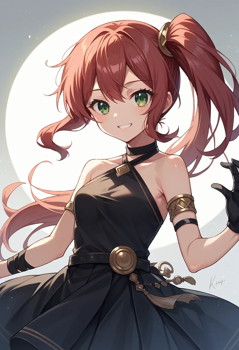 1girl, A masterpiece digital art, anime style, Kita Ikuyo, long hair, halterneck, black choker, armlet, arm strap, bare shoulders, black gloves, single glove, black dress, sleeveless dress, pleated dress, black belt, calflet, side ponytail,score_9, score_8_up, score_7_up, score_6_up, anime, (high quality, detailed, beautiful), shiny, detailed beautiful eyes, outstanding, detailed soft lighting,solo, dynamic pose,smile,green eyes, red hair