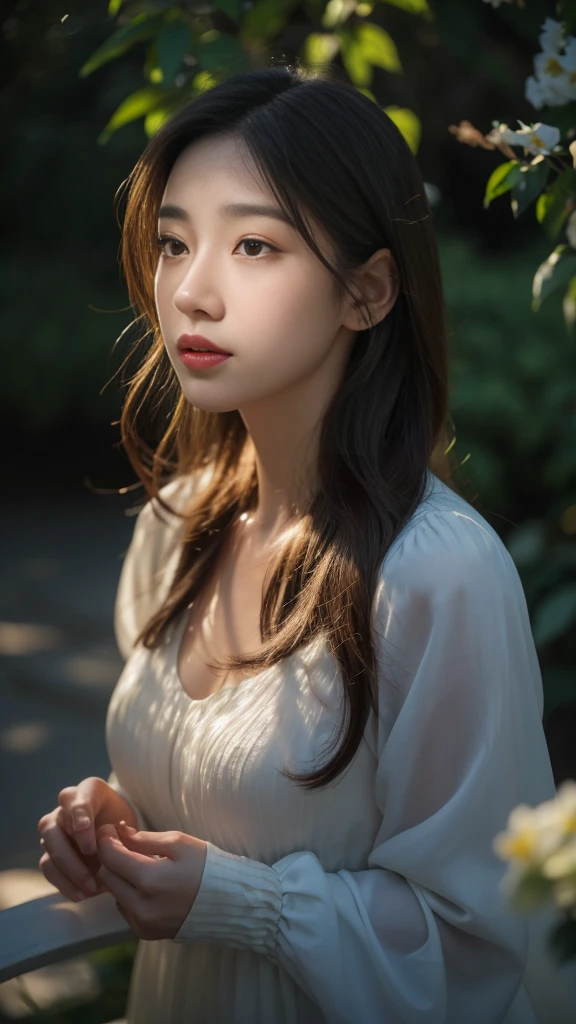 A young woman in a peaceful garden, highly detailed face and eyes, beautiful detailed lips, long eyelashes, wearing a flowing white dress, natural lighting, ultra-detailed, 8k, photorealistic, studio lighting, vivid colors, intricate details, serene landscape, lush foliage, beautiful flowers, golden hour lighting