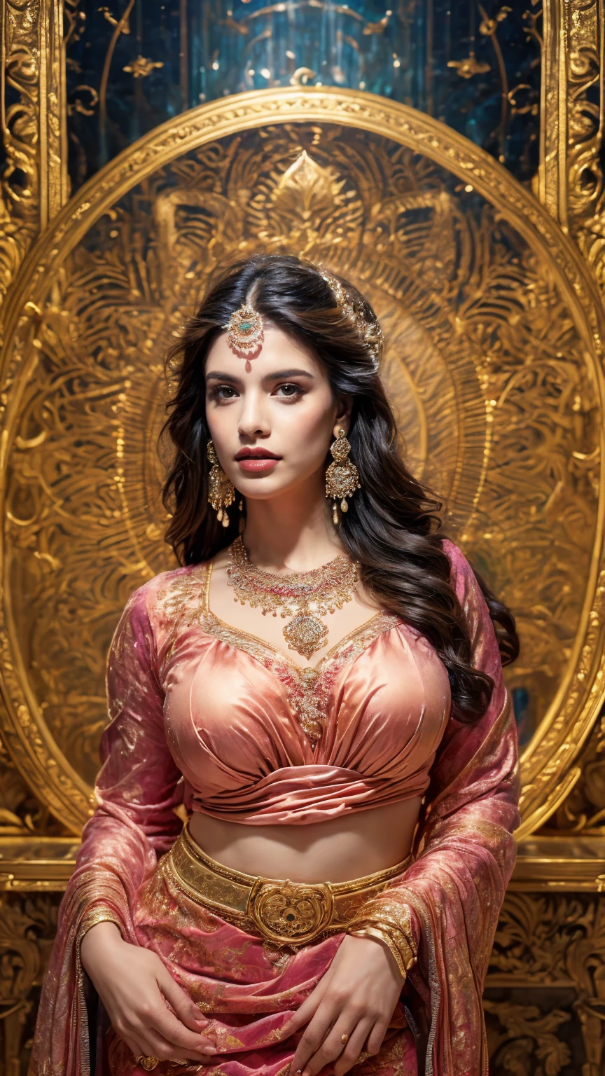 ((Best quality, 8k, Masterpiece :1.3)), Sharp focus :1.2, Generate a realistic image of a beautiful sexy Indian woman plus size body: 8.5 (masterpiece like a princess) (body like divine girl) dressed divine clothes pink print v neck plus size giant blouse + belt, and skirt adorned with traditional ornaments, standing in a well-lit room with cinematic lighting. ((Front view, random elegant pose)), and there is a sense of grace and elegance in her posture. The background should complement the scene, enhancing the overall aesthetic appeal of the image. Photography by Brandon Woelfel, Full shot: Canon EF 16-35mm f/2.8L III USM lens on a Canon EOS 9D Mark IV 128bit camera, ultra realistic, 32k, HD
