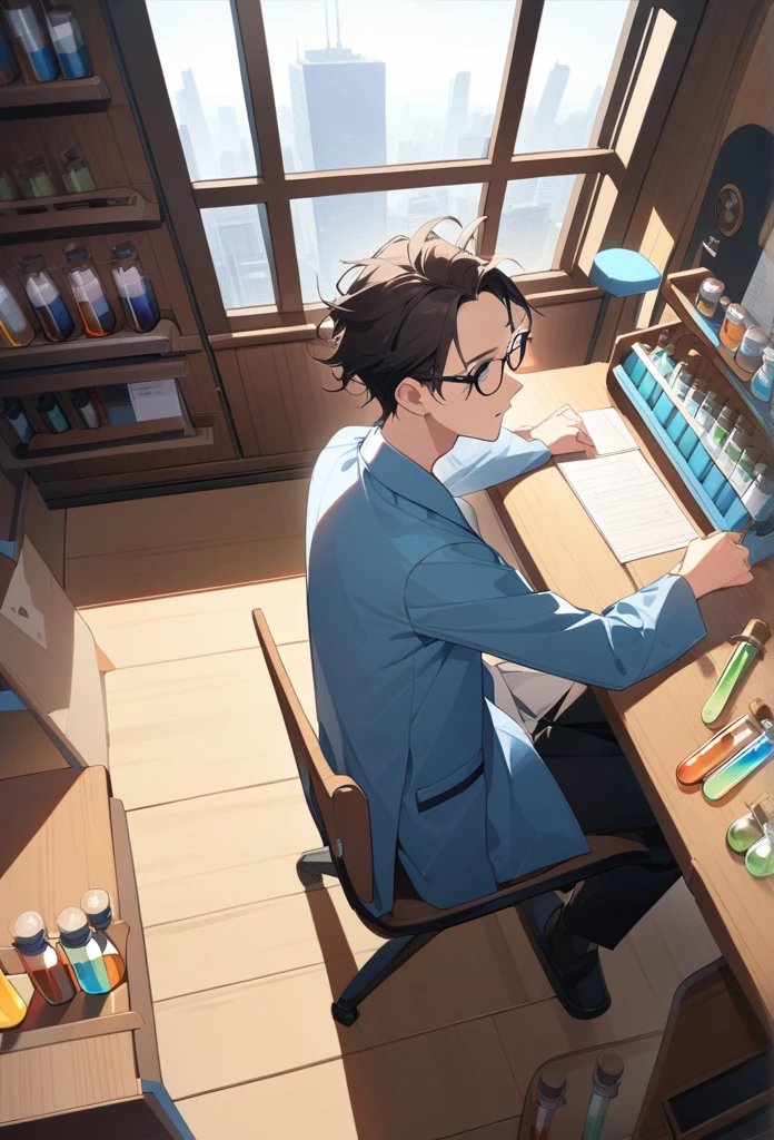 flatDesign, masterpiece, best quality, 1 male, handsome, complicated laboratory, messy hair, forehead, glasses, wooden wall, desk full of junk, test tube, bottles, Window, sit on chair, hold test tube, from side|from above