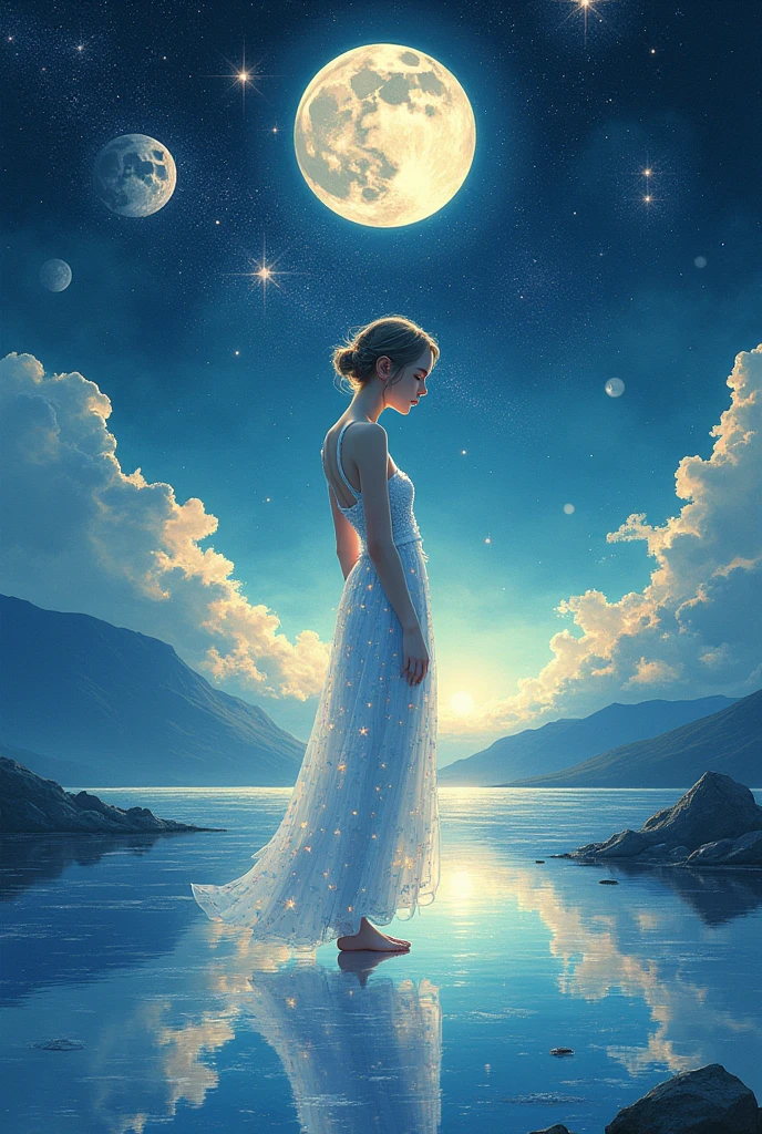 A very condensed beauty dressed in a painting of stars and moons in the river and sky., conceptual art inspired by Tosa Mitsuoki, pixiv contest winner, Best Quality, Fantasy Art, beautiful anime scenes, a round of bright moon, starry sky environment in the moonlight, dream painting, animated background art, dream landscape art, fantastic night, animated background, background illustrations, fantastic art, atmospheric anime, starry sky, Details improvement.