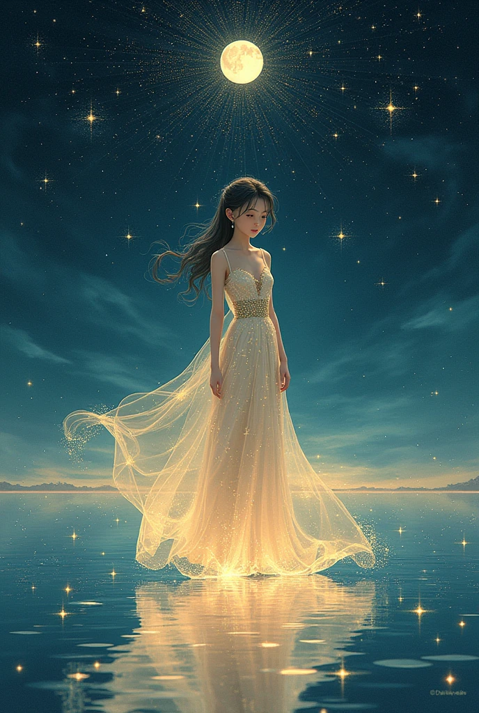 A very condensed beauty dressed in a painting of stars and moons in the river and sky., conceptual art inspired by Tosa Mitsuoki, pixiv contest winner, Best Quality, Fantasy Art, beautiful anime scenes, a round of bright moon, starry sky environment in the moonlight, dream painting, animated background art, dream landscape art, fantastic night, animated background, background illustrations, fantastic art, atmospheric anime, starry sky, Details improvement.