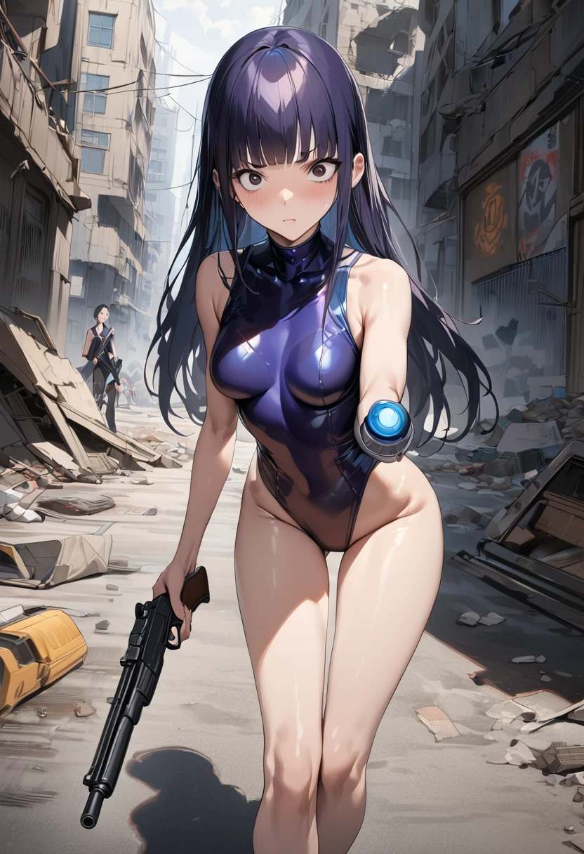 Action Scenes、((masterpiece,best quality anime,Highest quality:1.3)),realistic,cowboy shot,1woman,独奏,(30 year old beauty),((very small head:1.4)),((very long body:1.4)),(dark blue hair),straight long hair,(gorgeous big eyes),black eyes,Serious expression,((slender body:1.4,skinny)),medium breasts,dark blue turtleneck sleeveless,leotard,dark_blue headphone,oily skin:1.2,gleaming skin,shiny skin, (holding handgun、Shoot a gun、Shooting stance)、Combat Boots、Dynamic Pose、on road,Ruined city、Collapsed Buildings、Cyberpunk World、