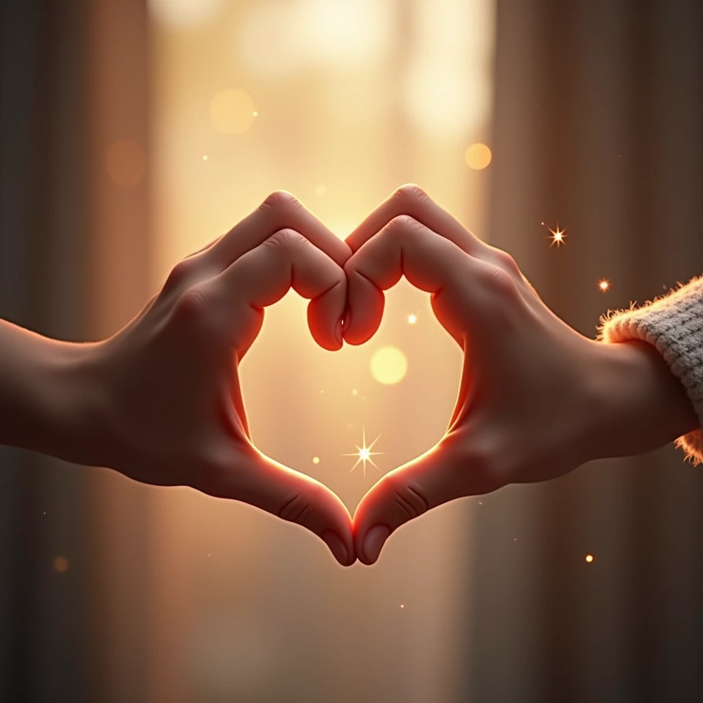 Male and female fingers、The sparkle of a heart drawn by two people、
