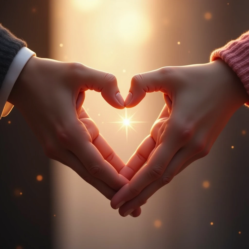 Male and female fingers、The sparkle of a heart drawn by two people、