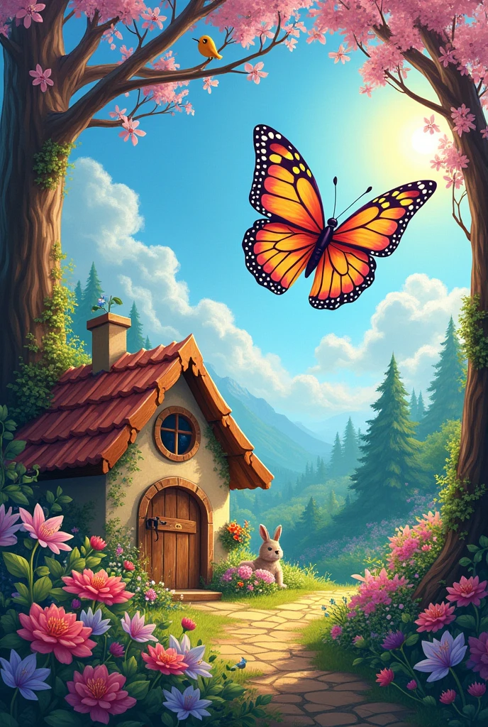 

Prompt: "A beautiful butterfly painted by Rosie with vibrant colors and intricate patterns. The butterfly is flying gracefully out of the painting."
Cake:

Prompt: "A delicious-looking cake that Rosie painted. The cake is decorated with colorful icing and sprinkles, appearing in a cozy setting."
Sunny Day:

Prompt: "A picturesque scene of a bright, sunny day with clear blue skies and warm sunlight, created by Rosie’s magical paintbrush."
Cozy Little House for a Bird:

Prompt: "A charming, cozy little house painted by Rosie, designed for a bird. The house is nestled in a tree with a welcoming door and window."
Beautiful Garden:

Prompt: "A vibrant, magical garden full of colorful flowers, towering trees, and lush greenery. The scene is glowing with a sense of enchantment and beauty."
Rosie’s Friends Playing in the Garden:

Prompt: "A joyful scene with Rosie and her animal friends playing together in the newly created beautiful garden. They’re laughing and having fun amidst the flowers and trees."