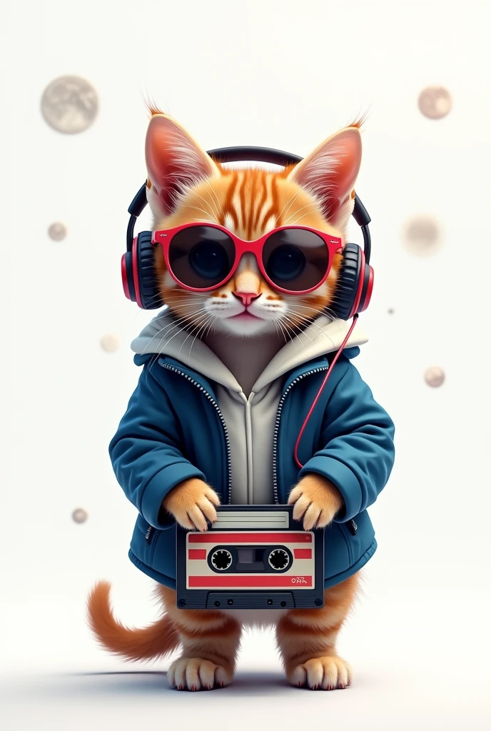 Perfect centering, Cute kitten, Wear a school jacket, Wear sunglasses, Wearing headphones and holding a cassette tape, Standing position, Abstract Beauty, Centered, Looking into the camera, To the camera, Near perfect, dynamic, moonlight, Very detailed, Digital Painting, artステーション, コンセプトart, Smooth, Sharp focus, 8k, High resolution, figure, art:Kahne Griffith and Vadim Kashin, White Background 16,9