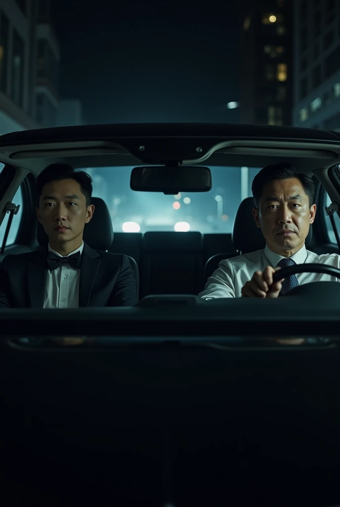 Dark image of a male assistant to a CEO driving a car with the Korean CEO inside