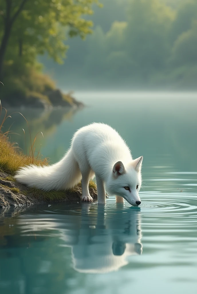 a beautiful white fox, learning to dive by the lake, cute and realistic style, (best quality,4k,8k,highres,masterpiece:1.2),ultra-detailed,(realistic,photorealistic,photo-realistic:1.37),HDR,UHD,studio lighting,ultra-fine painting,sharp focus,physically-based rendering,extreme detail description,professional,vivid colors,bokeh,wildlife,nature,lake,water,diving,graceful,peaceful,serene,tranquil,adorable,fluffy,elegant,pristine,stunning