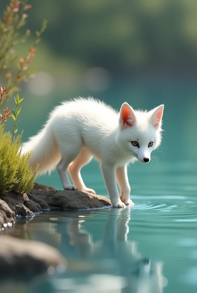 a beautiful white fox, learning to dive by the lake, cute and realistic style, (best quality,4k,8k,highres,masterpiece:1.2),ultra-detailed,(realistic,photorealistic,photo-realistic:1.37),HDR,UHD,studio lighting,ultra-fine painting,sharp focus,physically-based rendering,extreme detail description,professional,vivid colors,bokeh,wildlife,nature,lake,water,diving,graceful,peaceful,serene,tranquil,adorable,fluffy,elegant,pristine,stunning