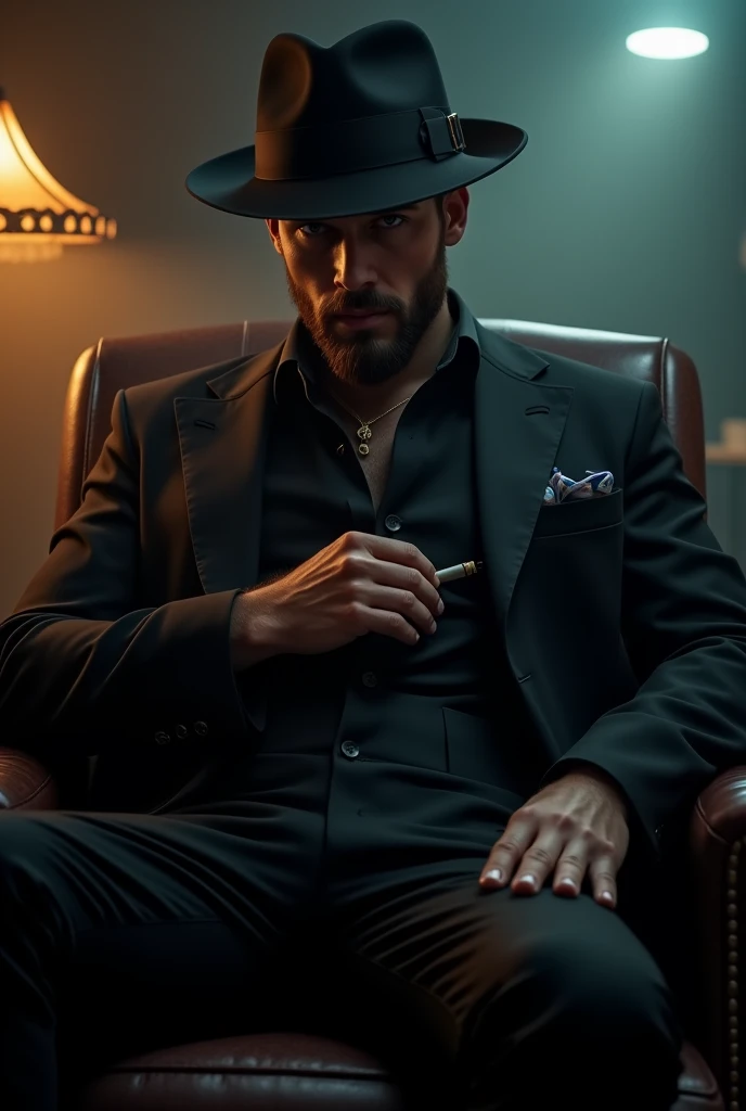 Masterpiece, detailed, 8k, a delicate and graceful full body image of a young handsome mafia, wearing black suit and hat, beard, holding a smoking cigar, sitting on a chair, night vibes, fierce look, big cock bulge inside his pants