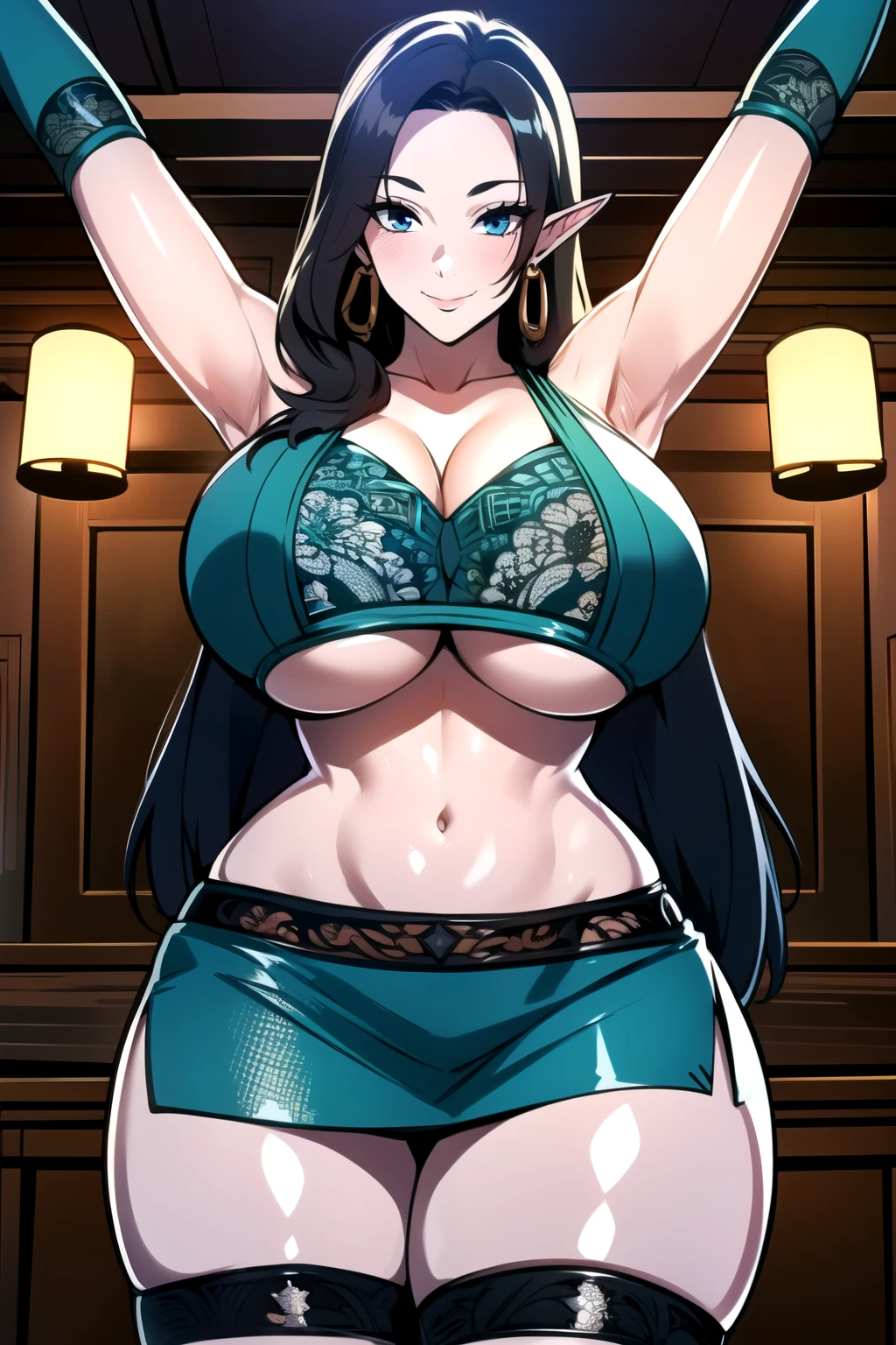 ultra realistic 8k cg, masterpiece, ((ultra detailed background, intricate detail, highly detailed, fine details best quality, hyperdetailed face)), gigantic breasts ,beautiful lighting, absurdres, BoaHancockV2, 1girl, solo, (black hair), long hair, jewelry, closed mouth, ), cleavage, (arabian dancer outfit : 1.1), (underboob : 1.4), elbow gloves, thigh boots, miniskirt, bare shoulders,, bare shoulders, curvy, midriff, curvy, thighs, shiny clothes), blue eyes, complex detailed background, indoor, palace), ((cowboy shot)), curvy, (gigantic breasts: 1.1), seductive smile, cowboy shot, earrings, jewelry, elf ears