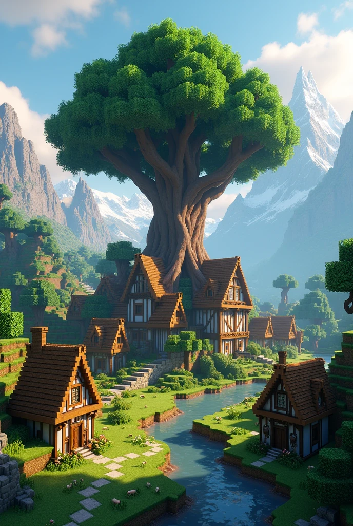 Top image of a medieval village in Minecraft with a giant tree in the center