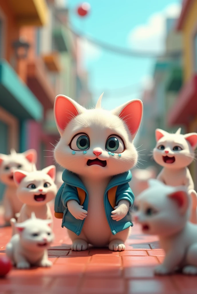 Asme a cat that is crying with a blue backpack and many white cats laughing but in 3D