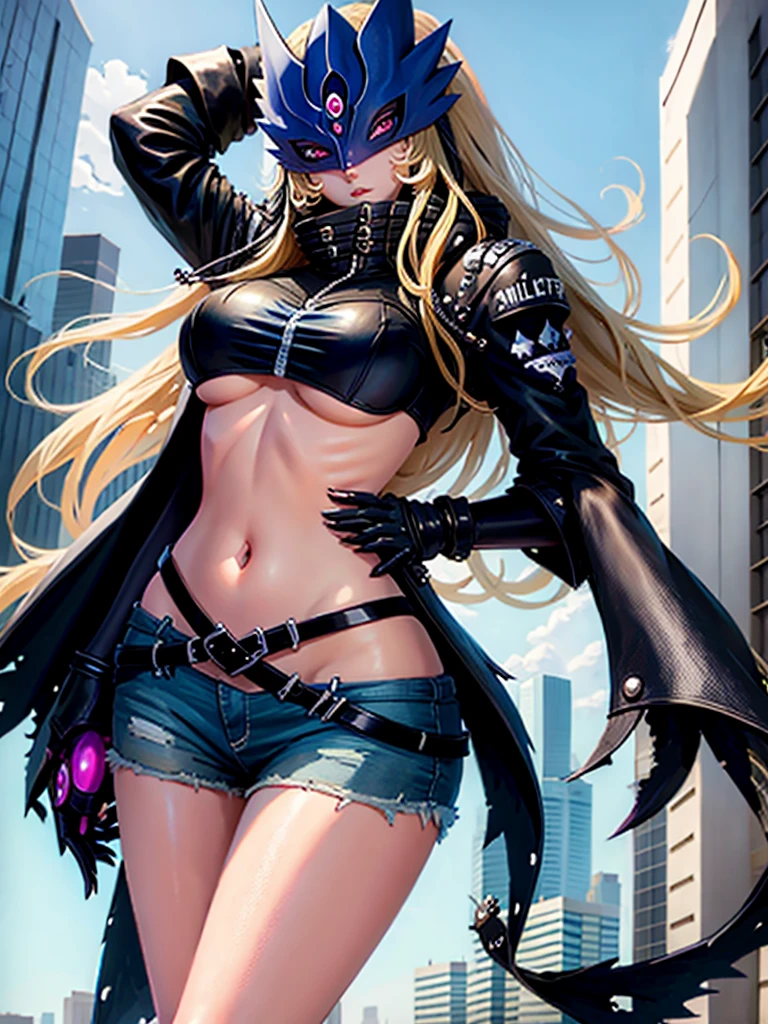 masterpiece, best quality, beautiful detailed eyes, beelstarmon, 1girl, solo, long hair, looking at viewer, showing large breasts, short sleeves, navel, standing, jacket, sidelocks, cowboy shot, less clothes, black gloves, midriff, belt, very short shorts, city, street,