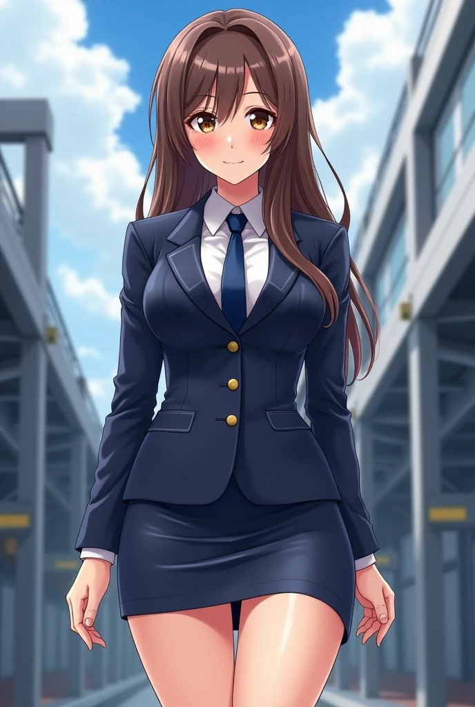 (masterpiece,of the highest quality:1.3,best quality illustration,realist),cowboy shot,1 woman,20 year old Japanese beauty,((very small head:1.3)),long brown hair,hits,Brown eyes,pretty eyes,blush,smile,small breasts,(very long body:1.3),(toned body,Skinny body,skinny,tanned skin),(Navy blue blazer jacket navy uniform、White shirt、Navy blue tie、Navy blue fitted mini skirt),glowing skin,shiny skin,sweat,standing,Base naval、such、
