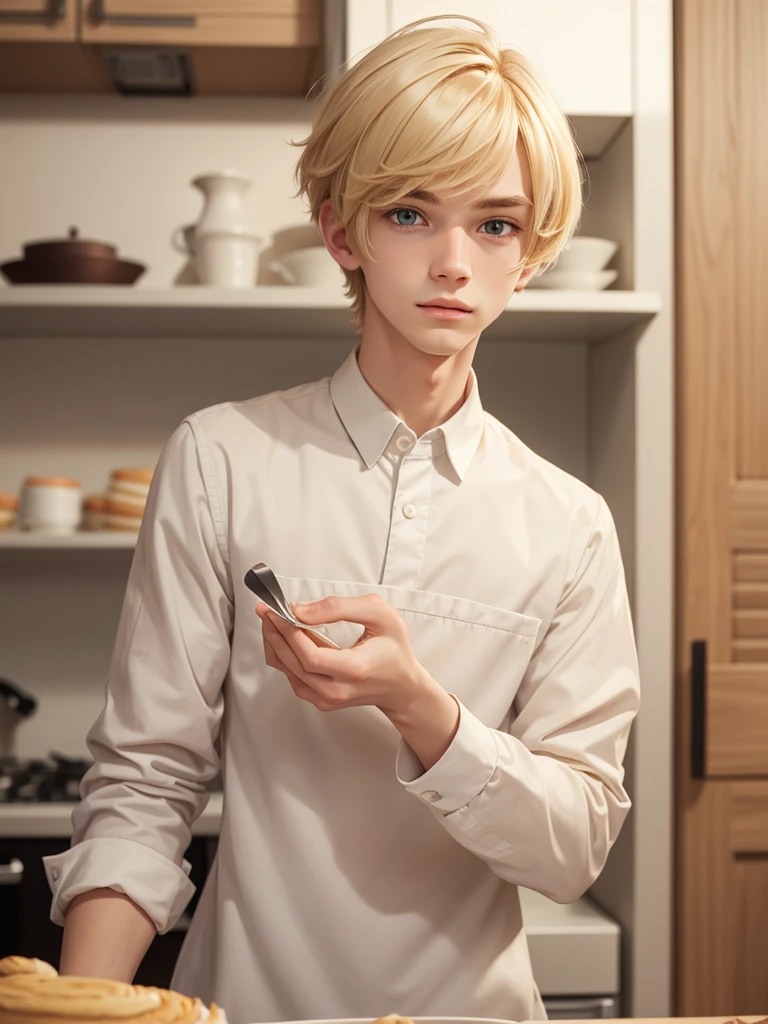 (best quality), 1boy, male, porcelain skin, blonde hair, medium hair, straight hair, side swept bangs, brown eyes, perfect eyes, boyish, cute face, patissier uniform, skinny body, masterpiece, anatomically correct, highres