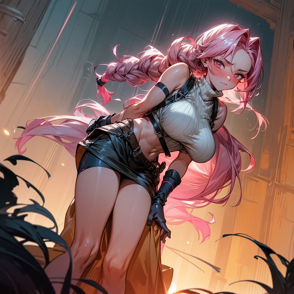 1female, sexy, big breast, young adult, finely detailed rose eyes, wild long hair, braided hair, fluorescent rose color hair, adventurer gear, suspenders, sleeveless crop top sweater, baggy combat skirt, night time, dark forest, somber expression, flowers, blushing, standing on path, lanturns, black armband, mma gloves