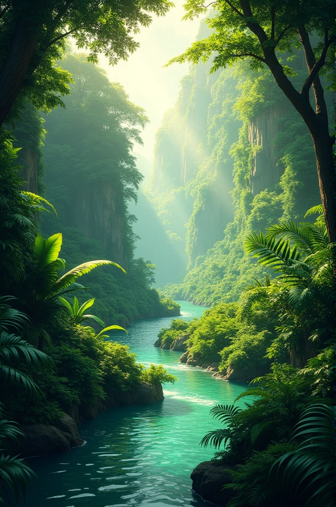 An imagle of dense, lushjungle with a beatiful river runing though it