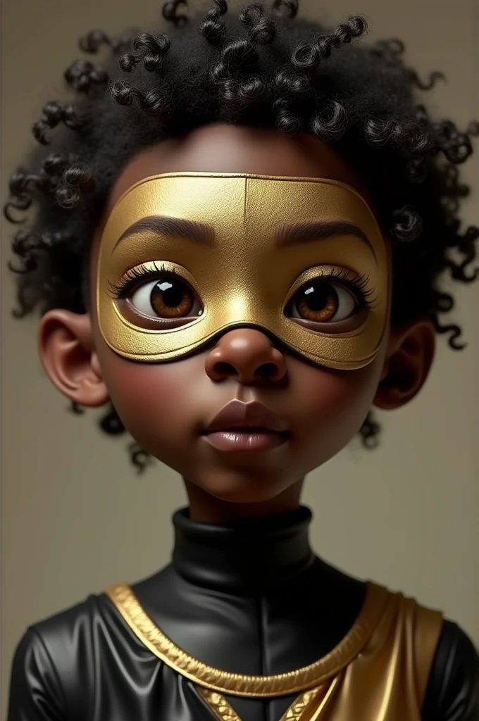 I want you to make a crazy 3D person who is dark-skinned with curly hair who has a golden mask and who has a black and gold shirt.