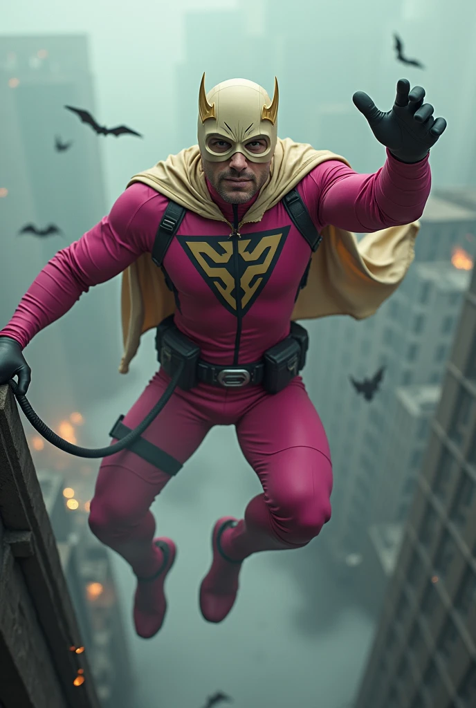 Malaysia man in high-tech suit, vivid effects, malaysian superhero (KELUANG MAN) in a striking pink and beige costume cyberpunk design, mask small mini bat ear beige, daredevil beige mask, jumpsuit dark pink stands confidently in a dramatic.jumping from high place.hero costume.one hand rise up. Big triangle logo on the chest.high detail Punisher logo on the chest. Fighting pose , stormy landscape. ((Head covered node guard like batman. Running pose , athletic body type, small mini ear bat mask))The character wears domino mask a helmet with pointed mini torn ears and a flowing cape biege, open nose and mouth. Equipped with visible futuristic weapons on a belt,bullet proof jacket pink dark day.show fingers pose, dark night, big supermoon effect . Small logo on chest triangle shape small punisher logo center triangle cyber logo center on chest pink logo mini logo . rocky. Building top.smoke ground , bomb effect background, losse pants, losses costume.adding to --ar 3:4 --style raw --stylize 500 --v 6.1. chaos. Lot of small flying bat. One leg on the high stone. Man . Real man age 40 year old. One hand holding belt.one hand holding black rope hanging on building