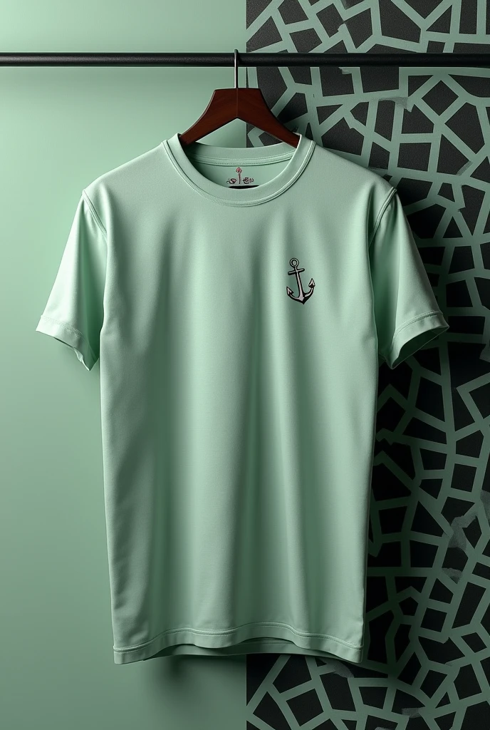 A green matte mixed with black and gray Kpop patterns on the bottom ,silk like Tshirt with a tiny anchor on the left side