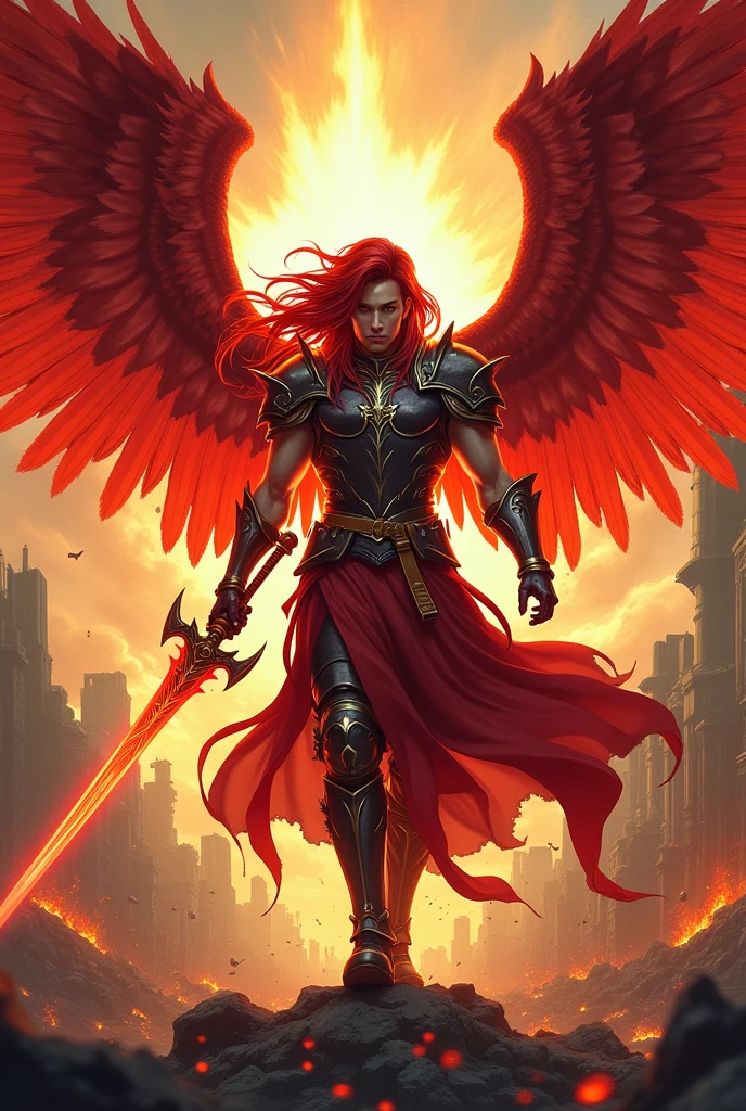 a young male celestial angel with red wings and long red hair, in war clothes against the backdrop of an apocalyptic setting in the Japanese manga style