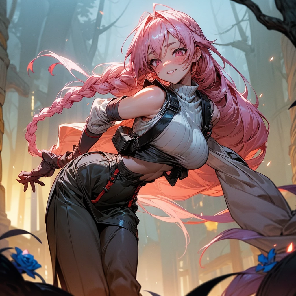 1female, sexy, big breast, young adult, finely detailed rose eyes, wild long hair, braided hair, fluorescent rose color hair, adventurer gear, suspenders, sleeveless crop top sweater, baggy combat skirt, night time, dark forest, happy expression, flowers, blushing, standing on path, lanturns, black armband, mma gloves