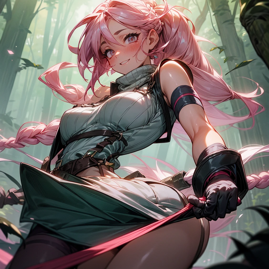 1female, sexy, big breast, young adult, finely detailed rose eyes, wild long hair, braided hair, fluorescent rose color hair, adventurer gear, suspenders, sleeveless crop top sweater, baggy combat skirt, night time, dark forest, happy expression, flowers, blushing, standing on path, lanturns, black armband, mma gloves